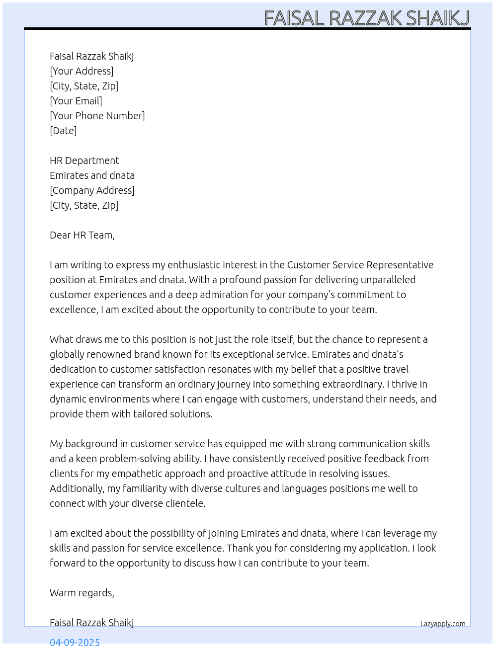 Customer service representative  At Emirates and dnata Cover Letter