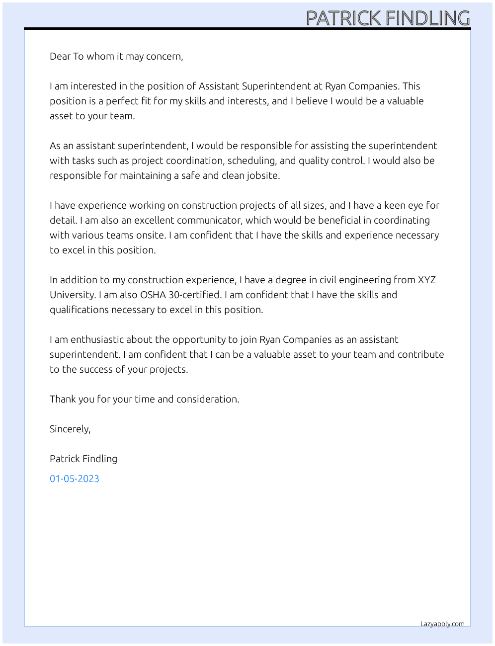 Assistant superintendent At Ryan Companies  Cover Letter