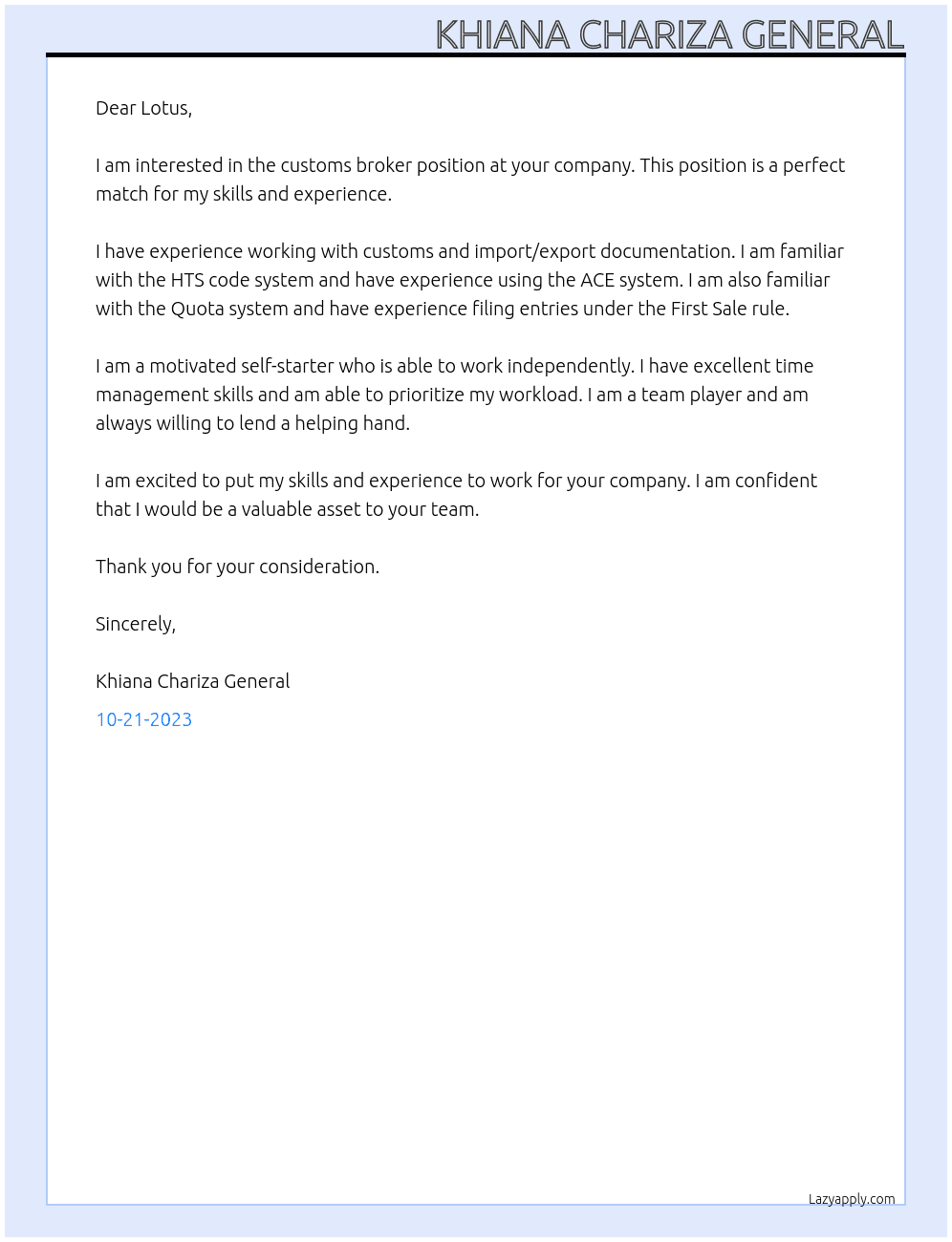 Customs Broker At lotus Cover Letter
