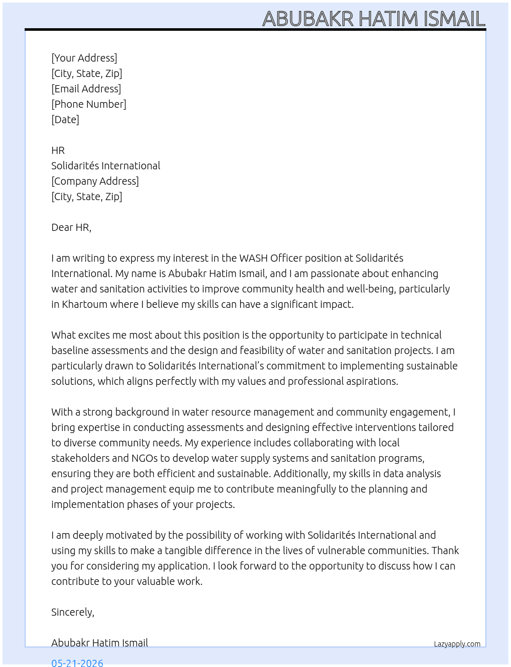 WASH officer At Solidarités International Cover Letter