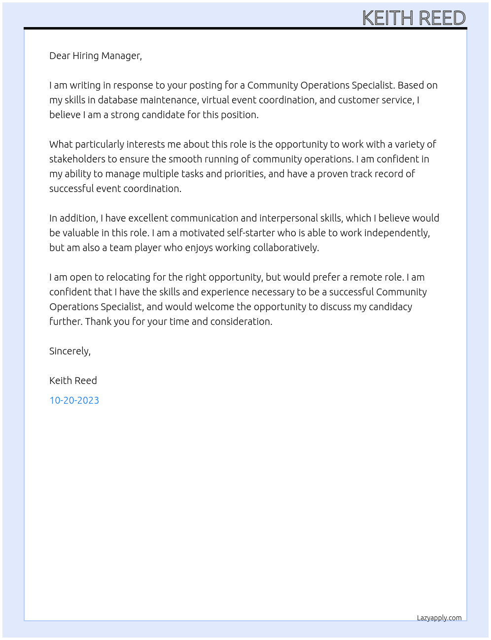 Community Operations Specialist At Alma Cover Letter