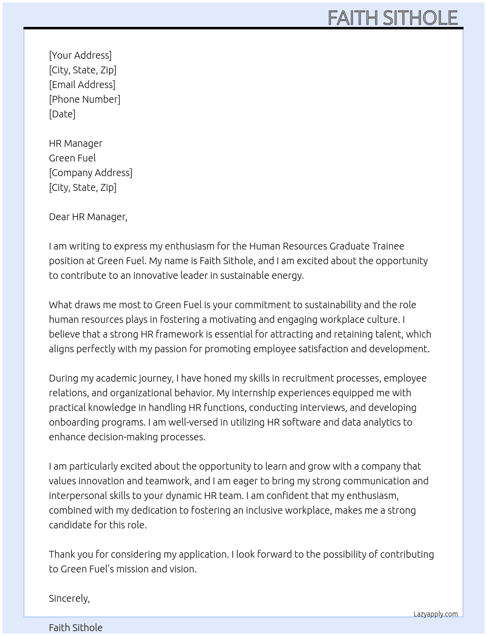 Human Resources Graduate Trainee  At Green fuel Cover Letter