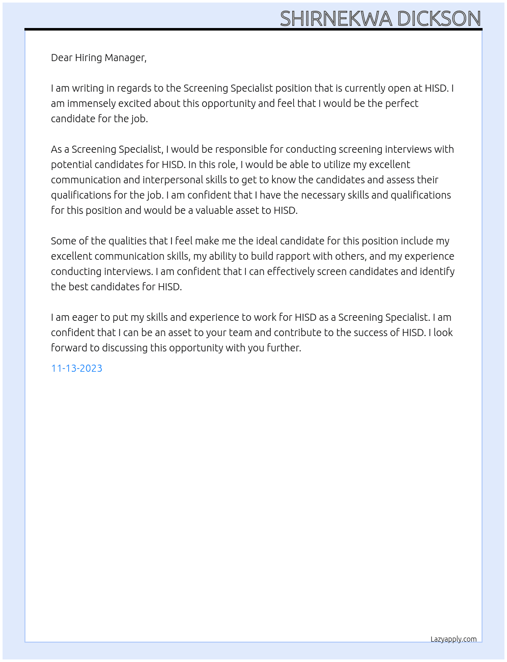 Screening Specialist At HISD Cover Letter