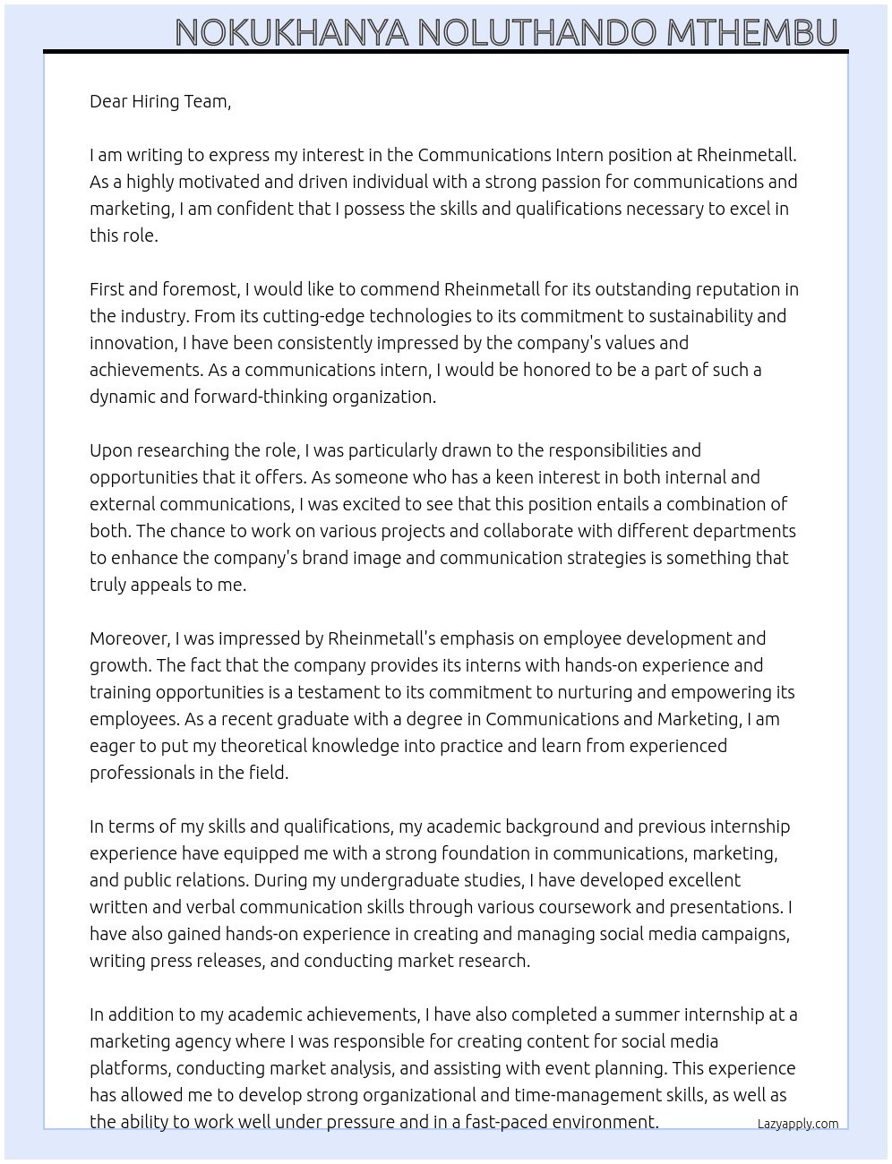 Communications Intern At Rheinmetall Cover Letter