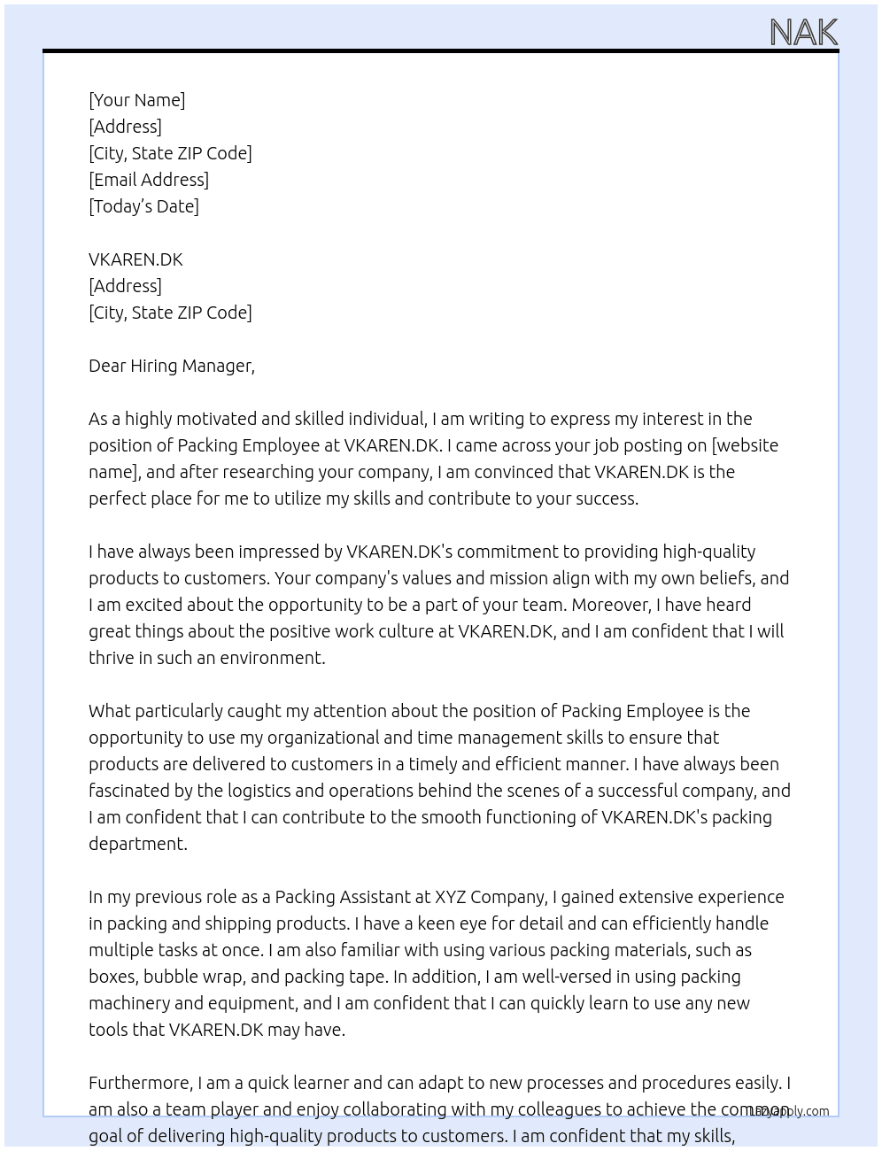 packing employees At VKAREN.DK Cover Letter