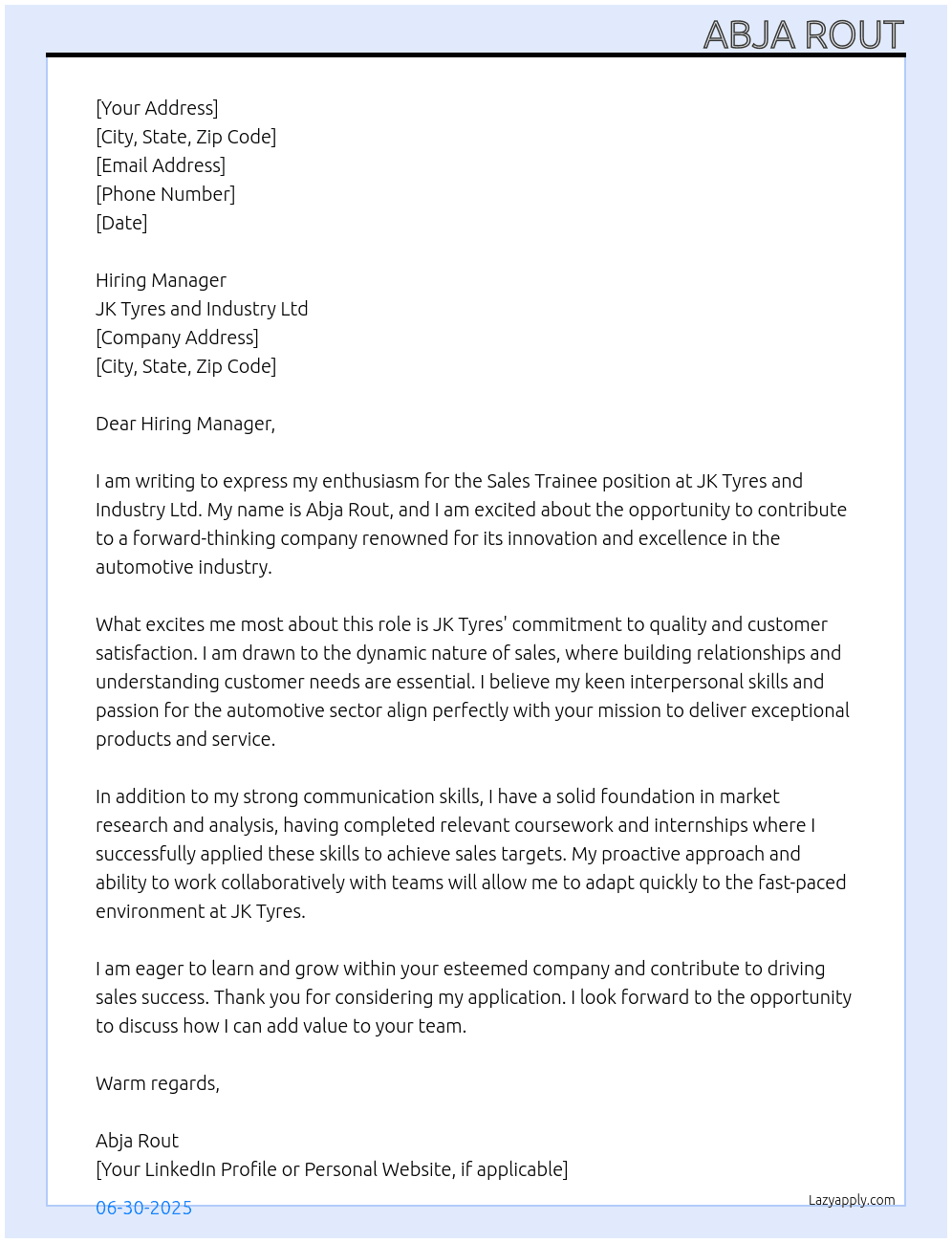 Sales Trainee At JK Tyres and Industry Ltd Cover Letter