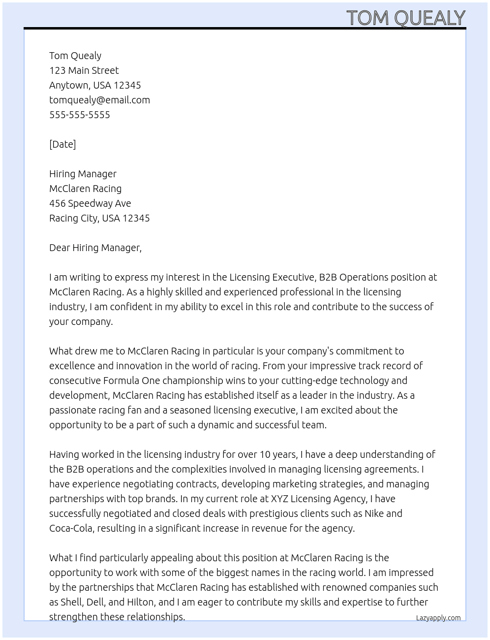 Licensing Executive, B2B Operations At McClaren Racing Cover Letter