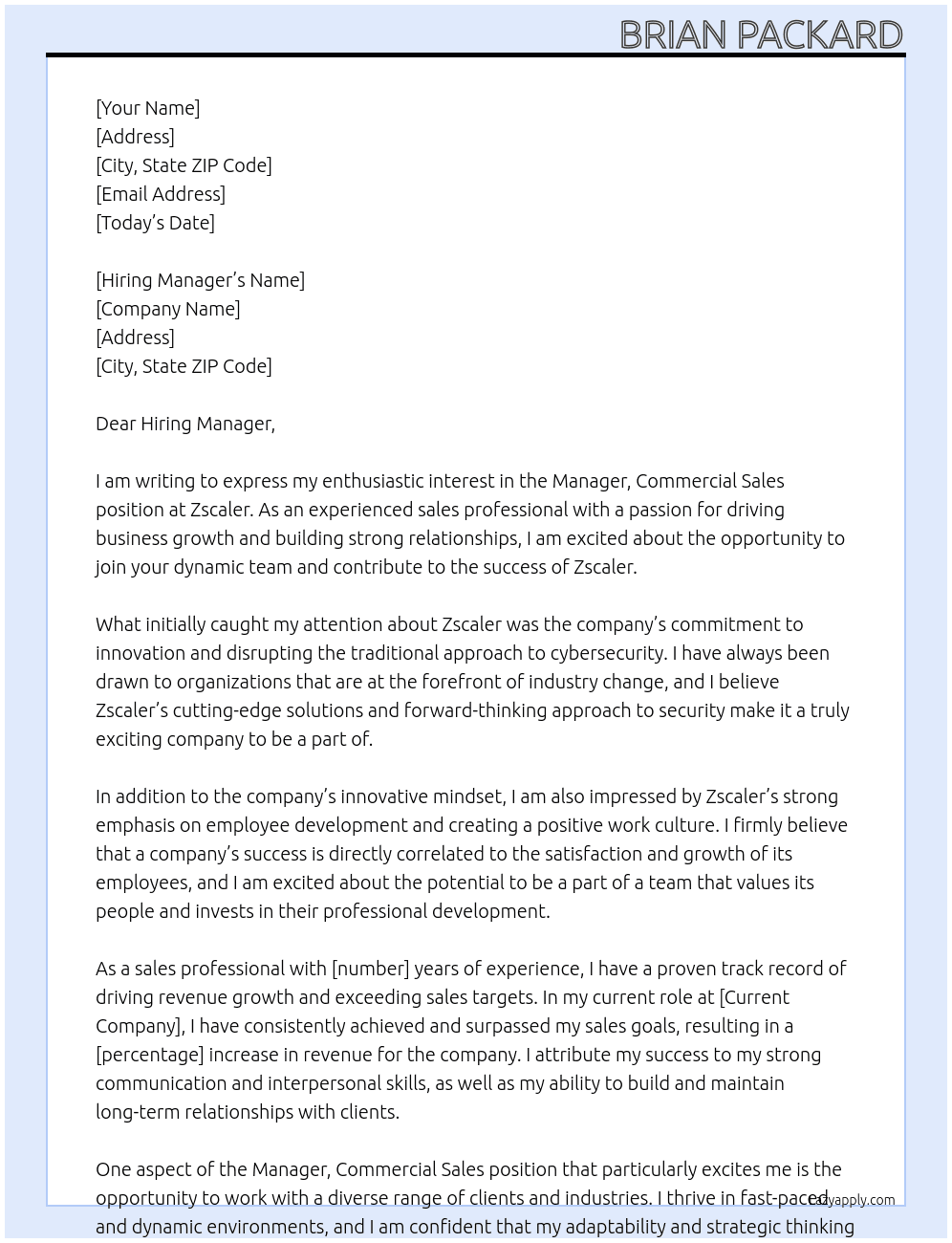 Manager, Commercial Sales At Zscaler Cover Letter