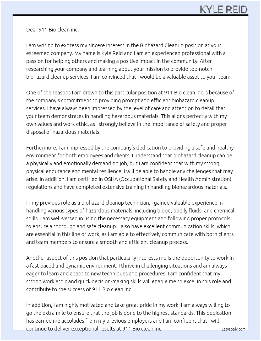 Biohazard cleanup At 911 Bio clean inc Cover Letter