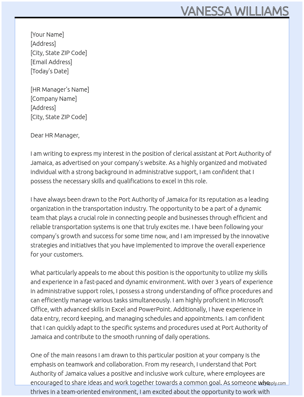 clerical assistant At Port Authority of Jamaica Cover Letter