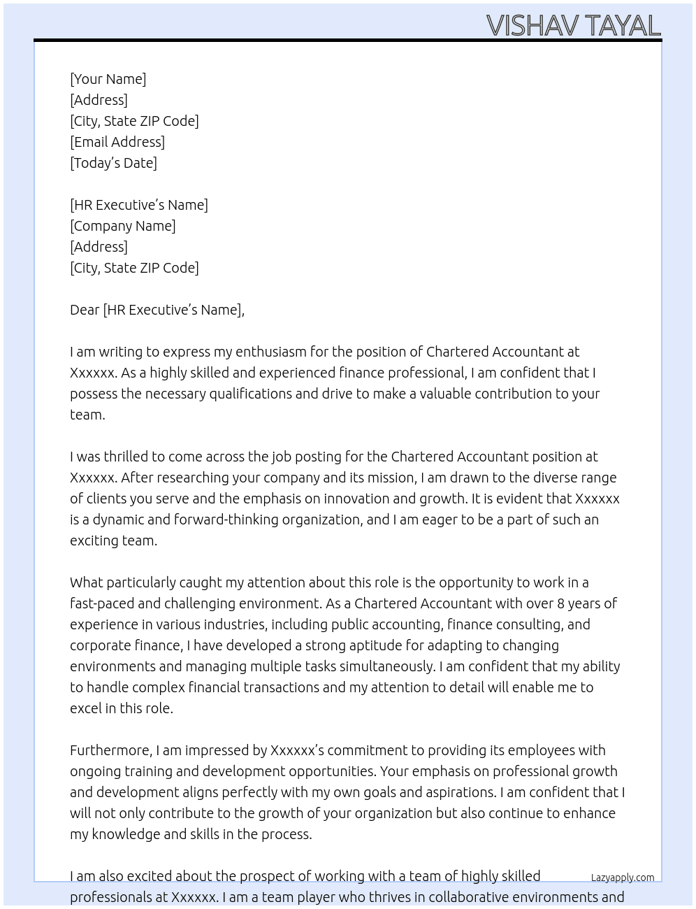 Chartered accountant  At Xxxxxx Cover Letter