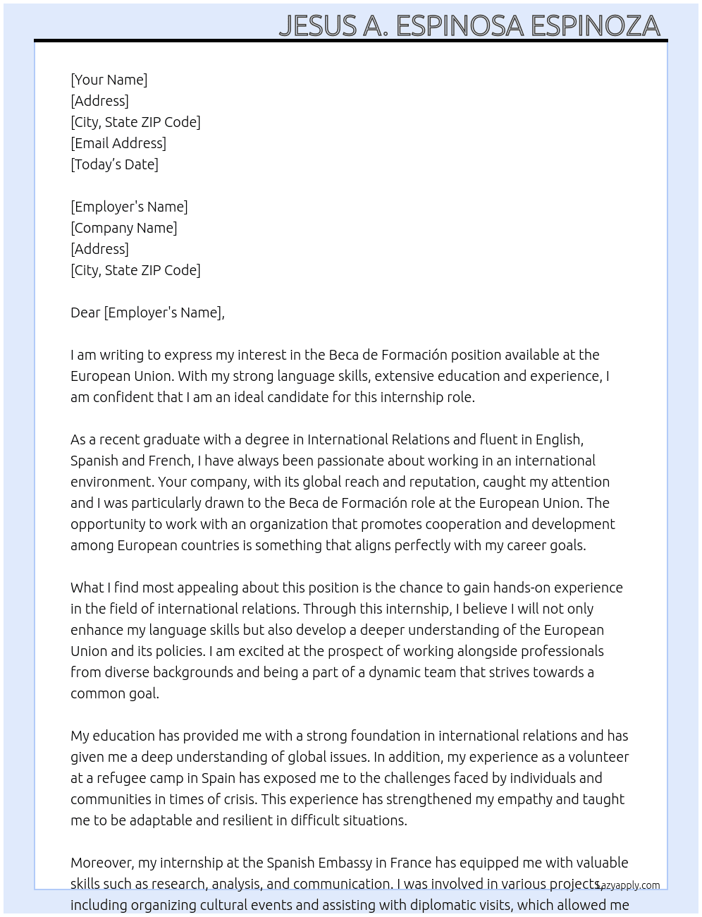 beca de formación At European union Cover Letter