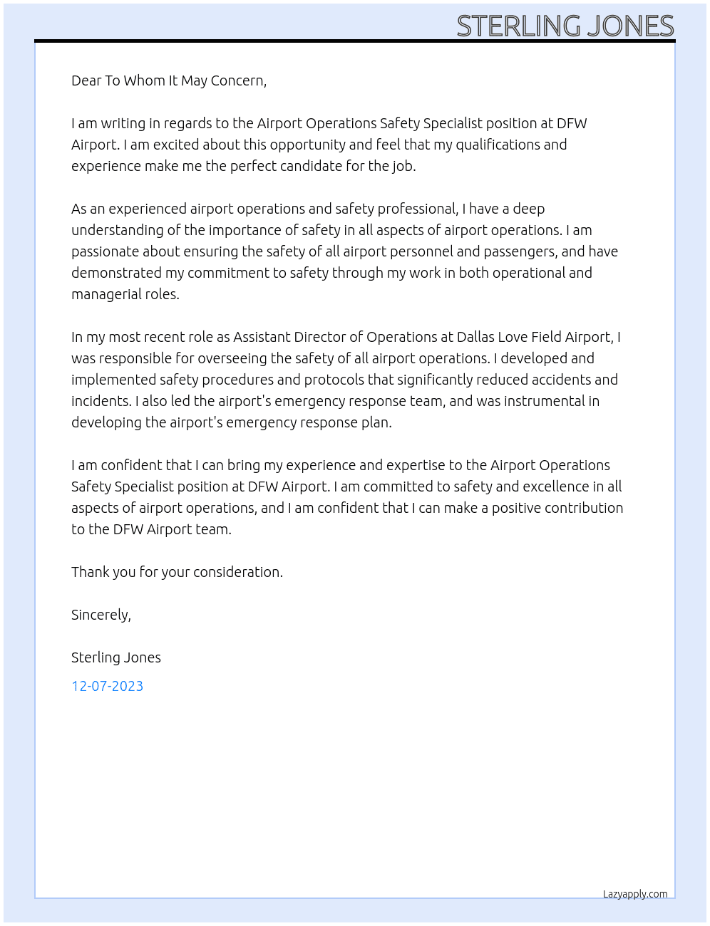 Airport Operations Safety Specialist At DFW Airport Cover Letter