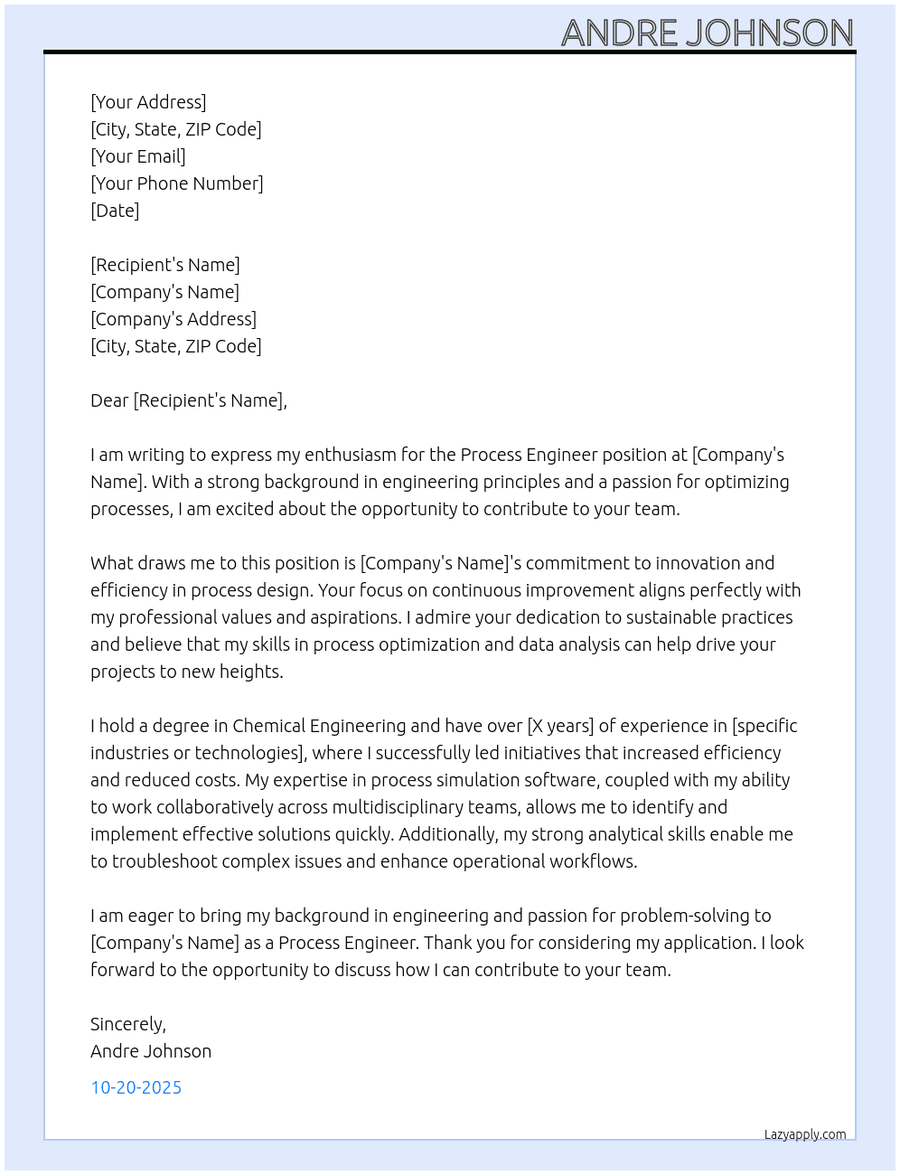 process engineer At na Cover Letter