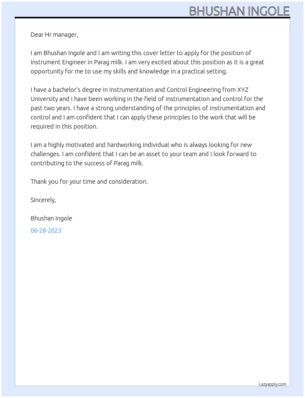 Instrument Engineer At Parag milk Cover Letter