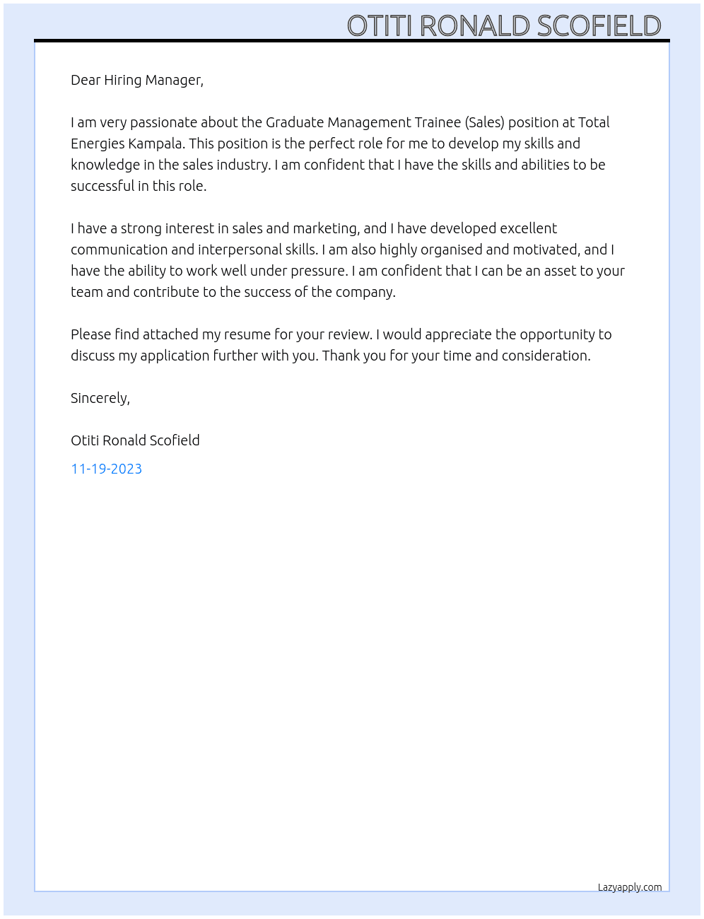 Graduate Management Trainee(Sales) At Total Energies Kampala  Cover Letter