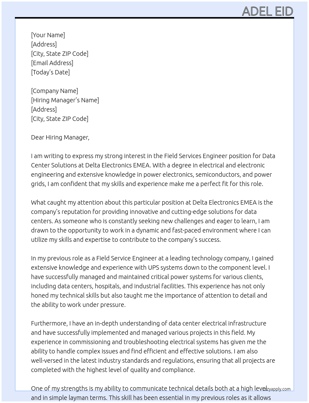 Field Services Engineer - Data Center Solutions  At Delta Electronics EMEA Cover Letter