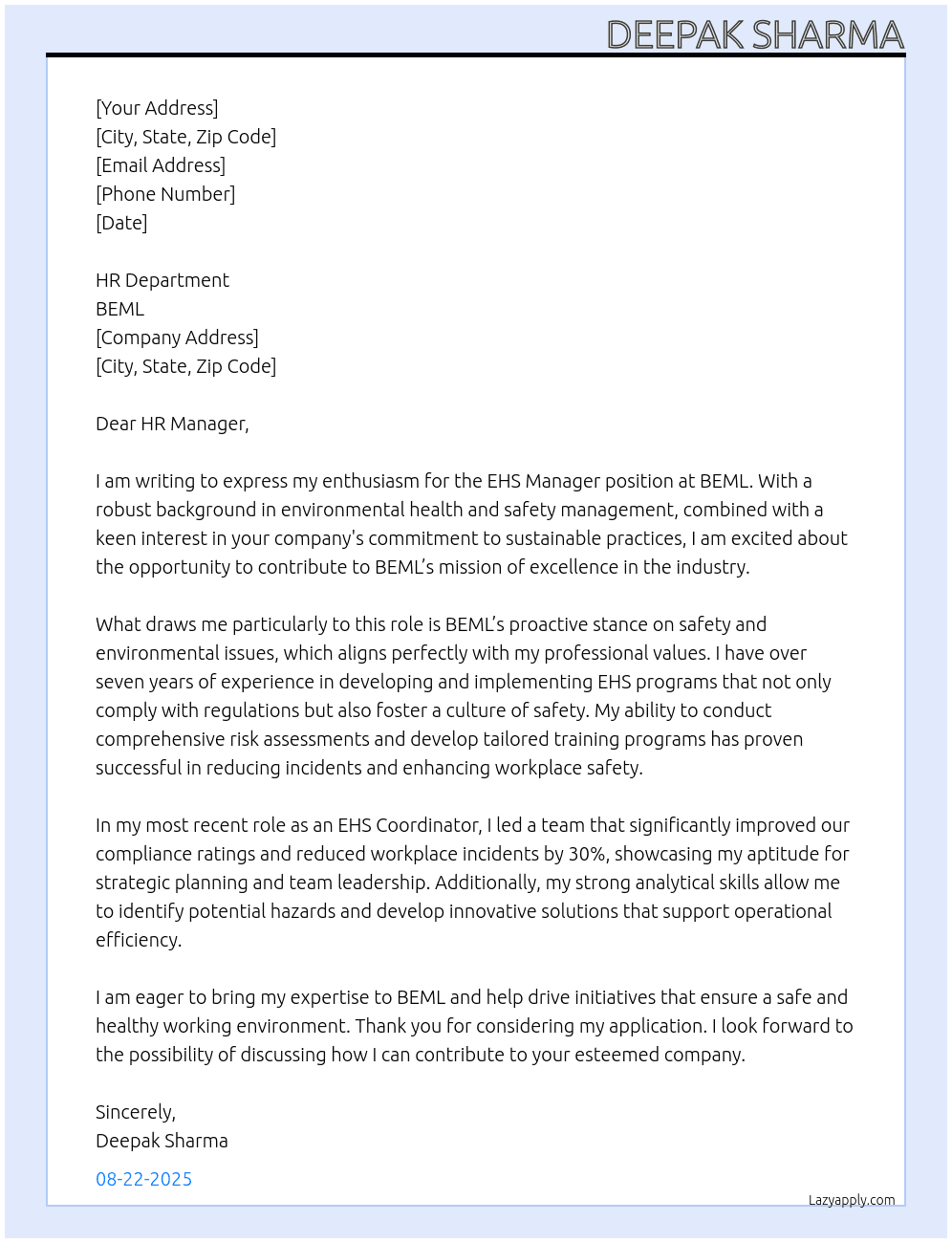 EHS manager  At BEML Cover Letter