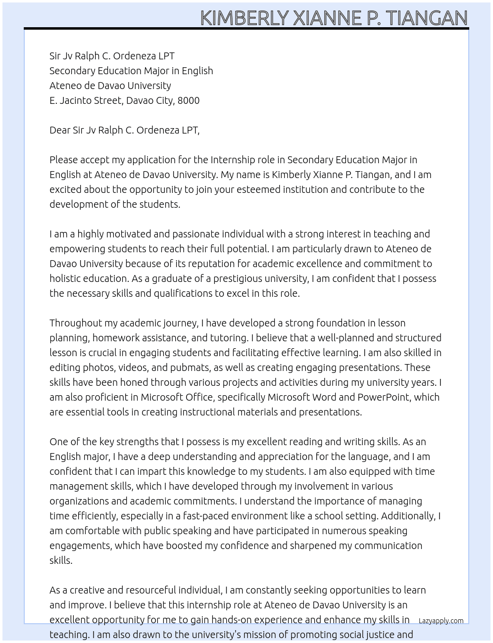 Secondary Education Major in English At Ateneo de Davao University Cover Letter