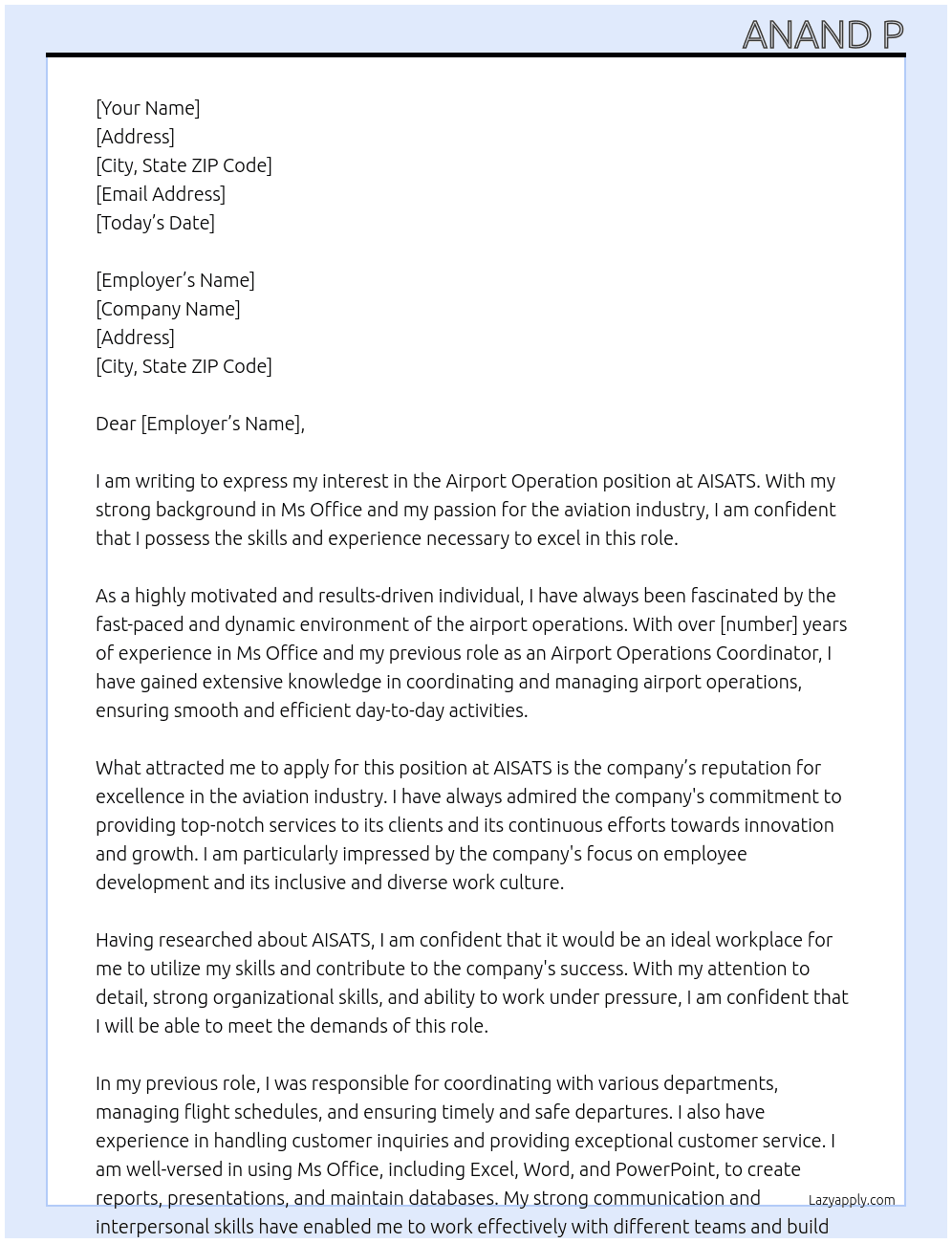 Airport Operation At AISATS Cover Letter