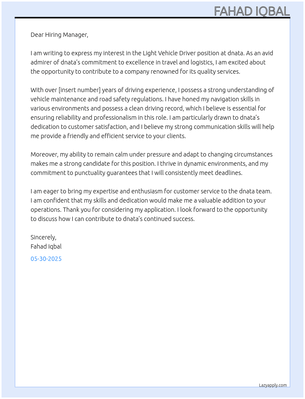 Light vehicle Driver At dnata Cover Letter