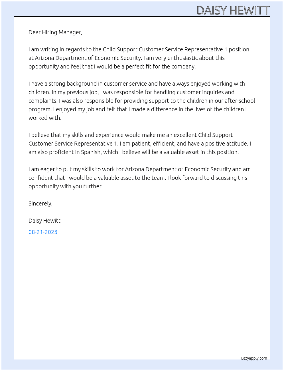 Child Support Customer Service Representative 1 At Arizona Department of Economic Security Cover Letter