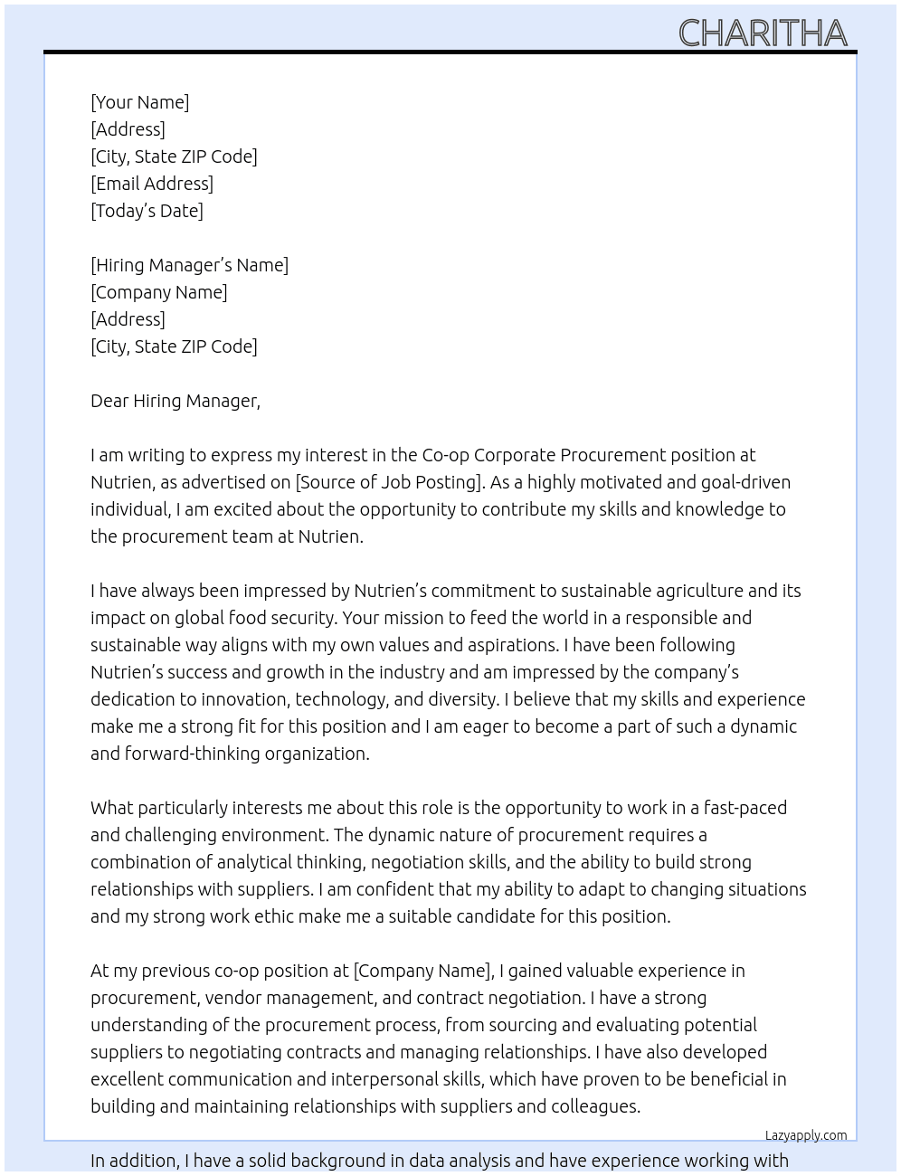 co-op corporate procurement At Nutrien Cover Letter