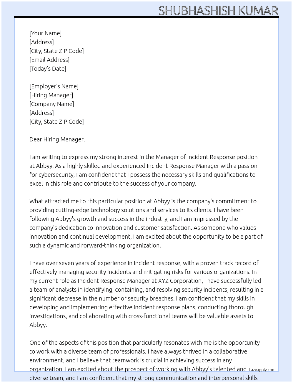 Manager of Incident Response At Abbyy Cover Letter
