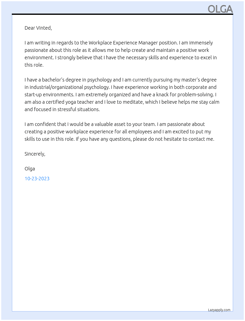 workplace experience manager At Vinted Cover Letter