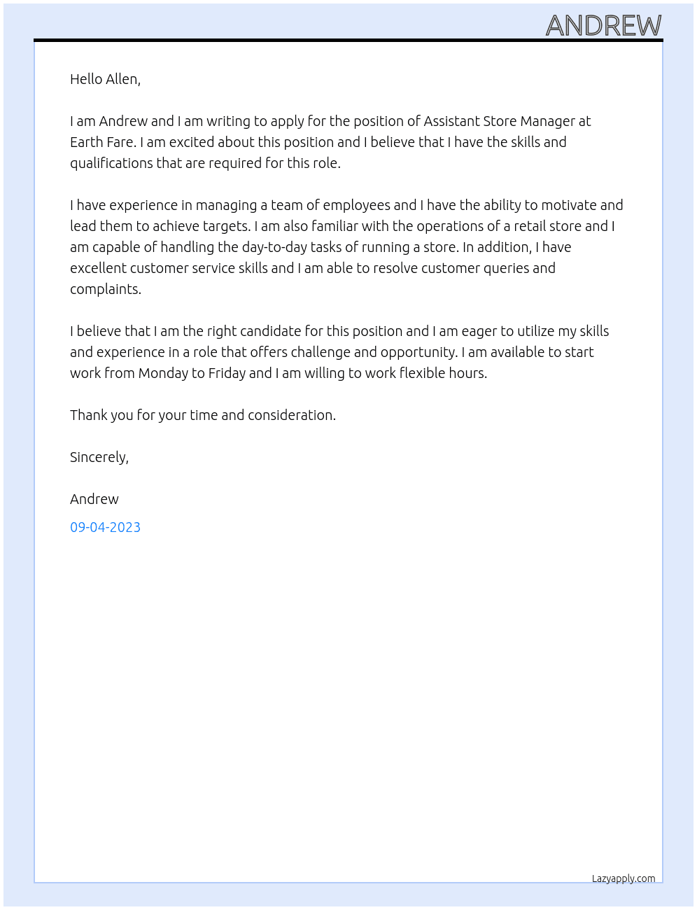 Assistant Store Manager At Earth Fare Cover Letter