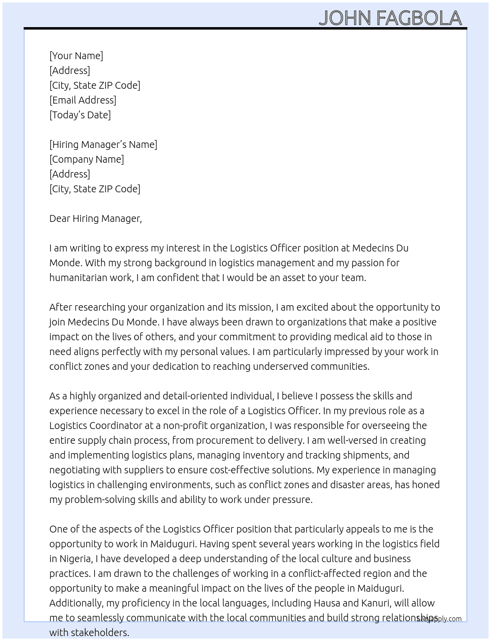 Logistics officer  At Medecins Du Monde Cover Letter