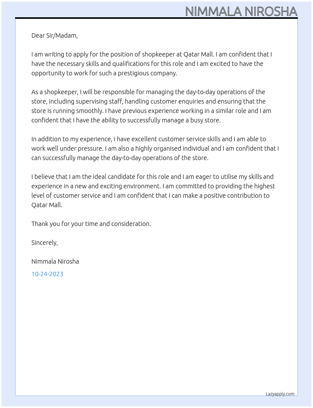 Shopkeeper At Qatar Mall Cover Letter