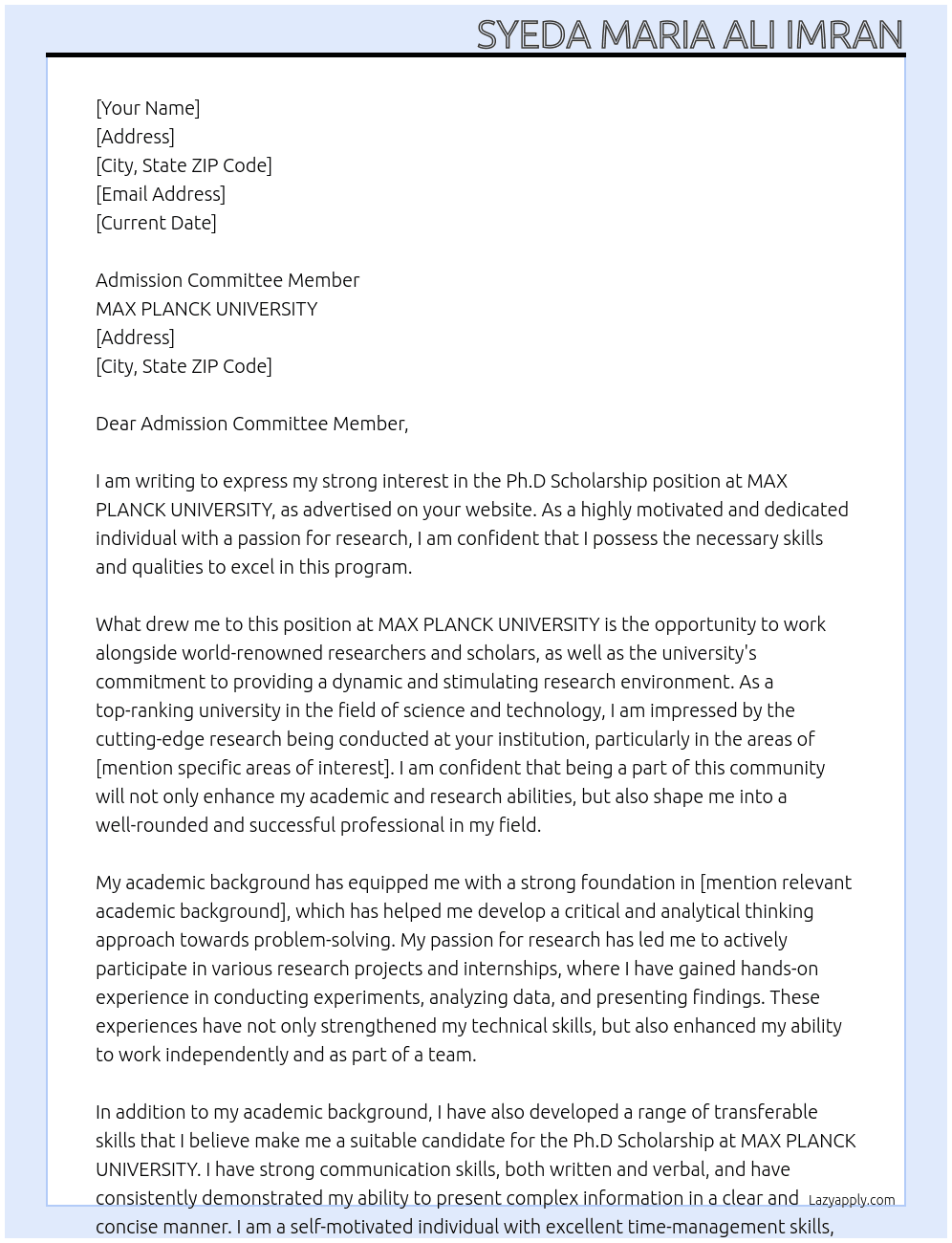 Ph.D Scholarship At MAX PLANCK UNIVERSITY Cover Letter