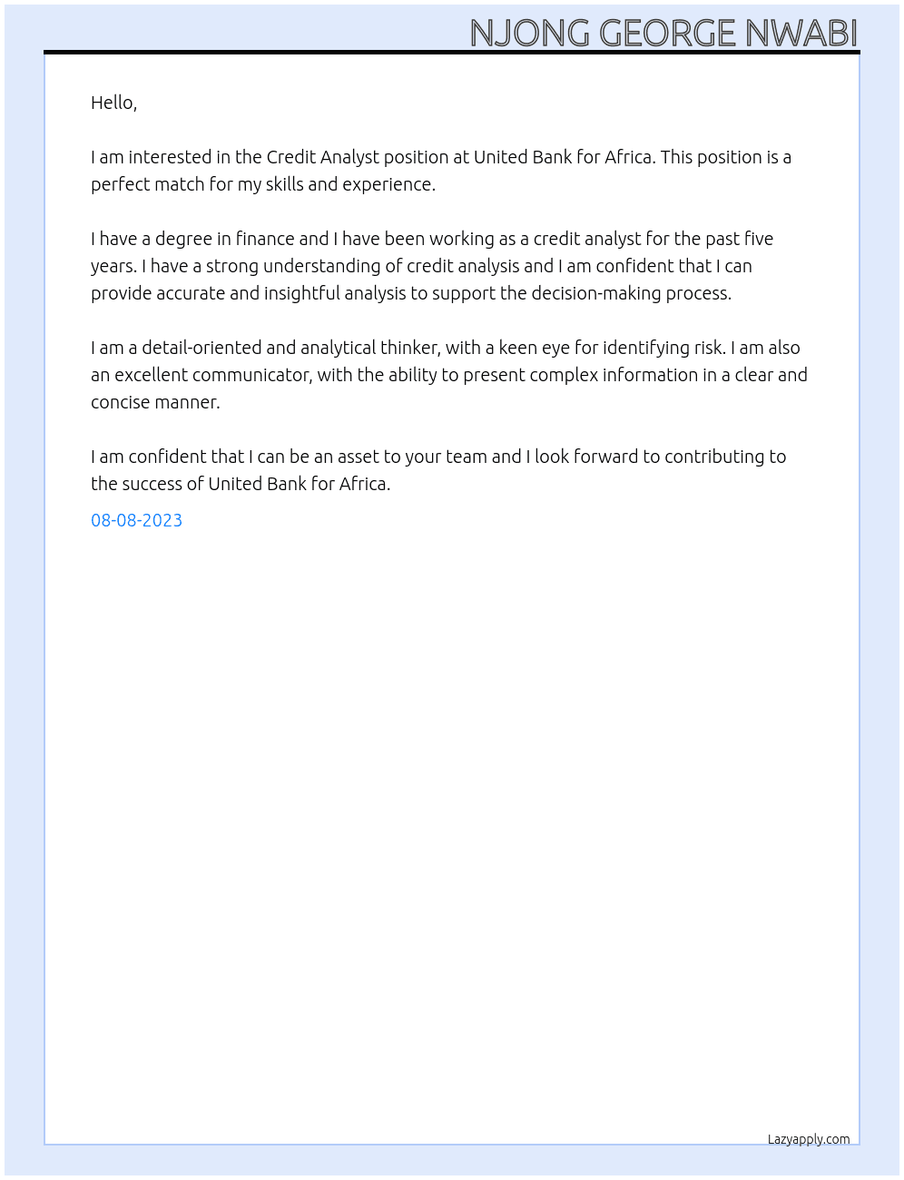 Credit Analyst At UNITED BANK FOR AFRICA Cover Letter
