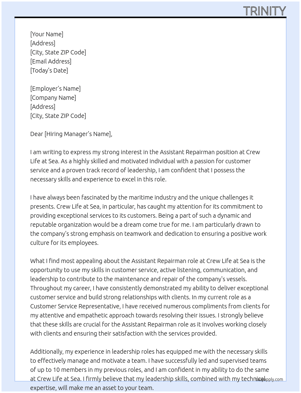 assistant repairman At crew life at sea Cover Letter