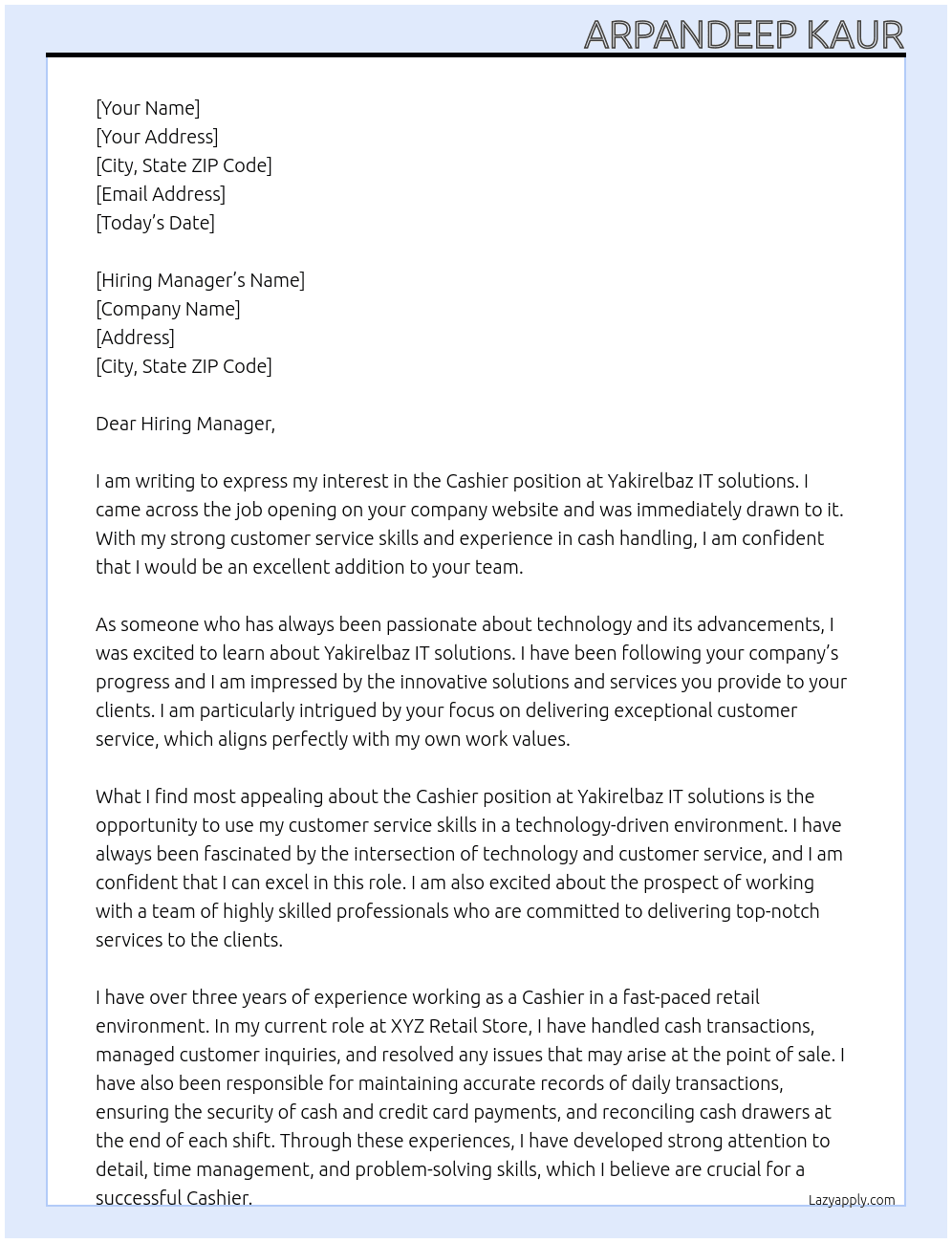 Cashier At Yakirelbaz IT solutions  Cover Letter