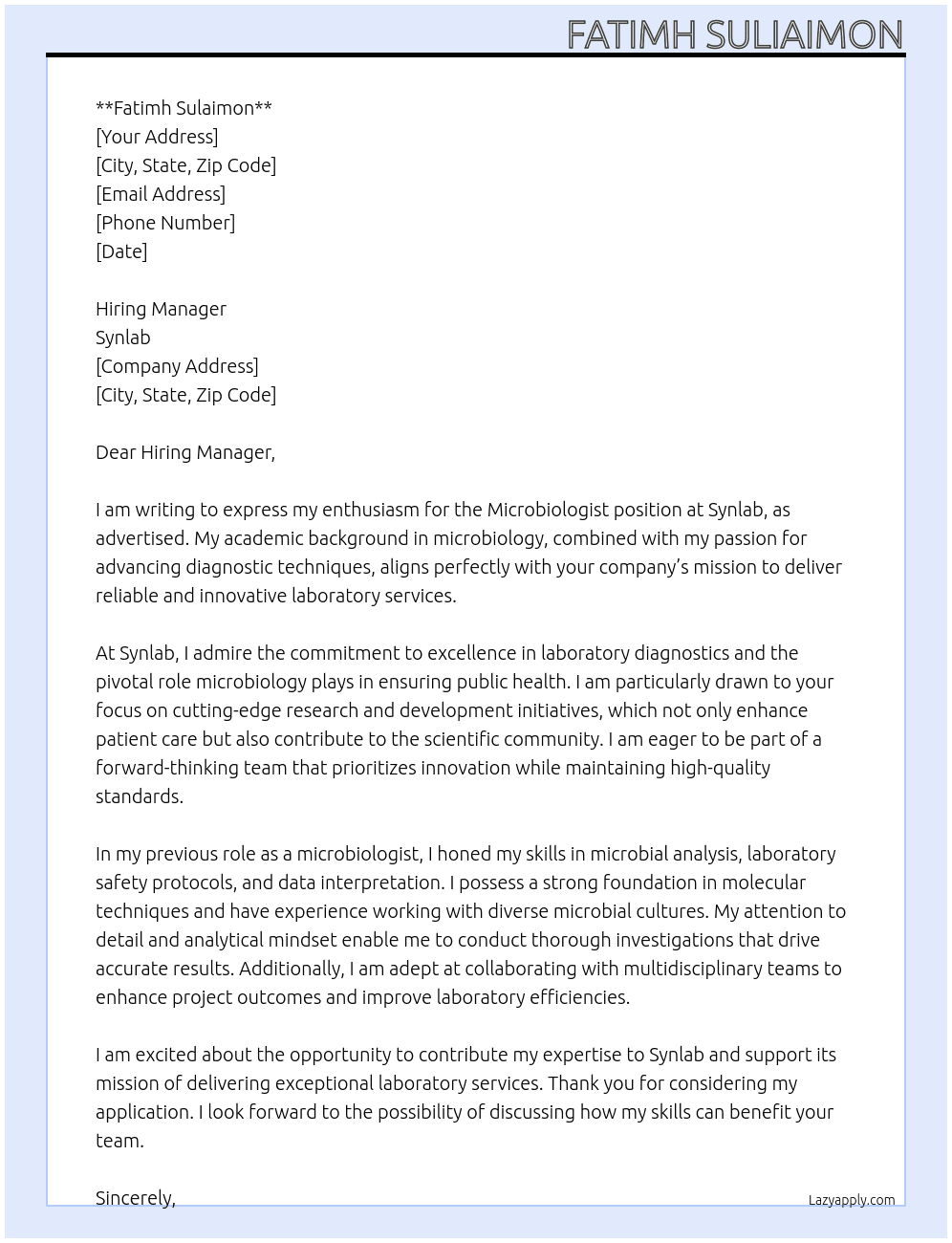 Microbiologist  At Synlab  Cover Letter