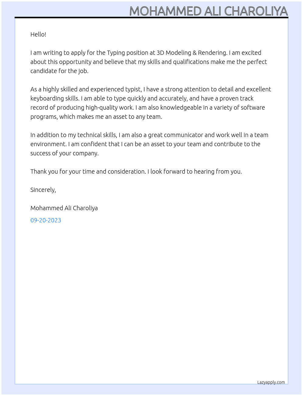 Typing At 3D Modeling & Rendering Cover Letter