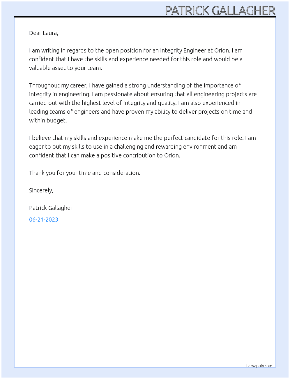 Integrity Engineer  At Orion Cover Letter
