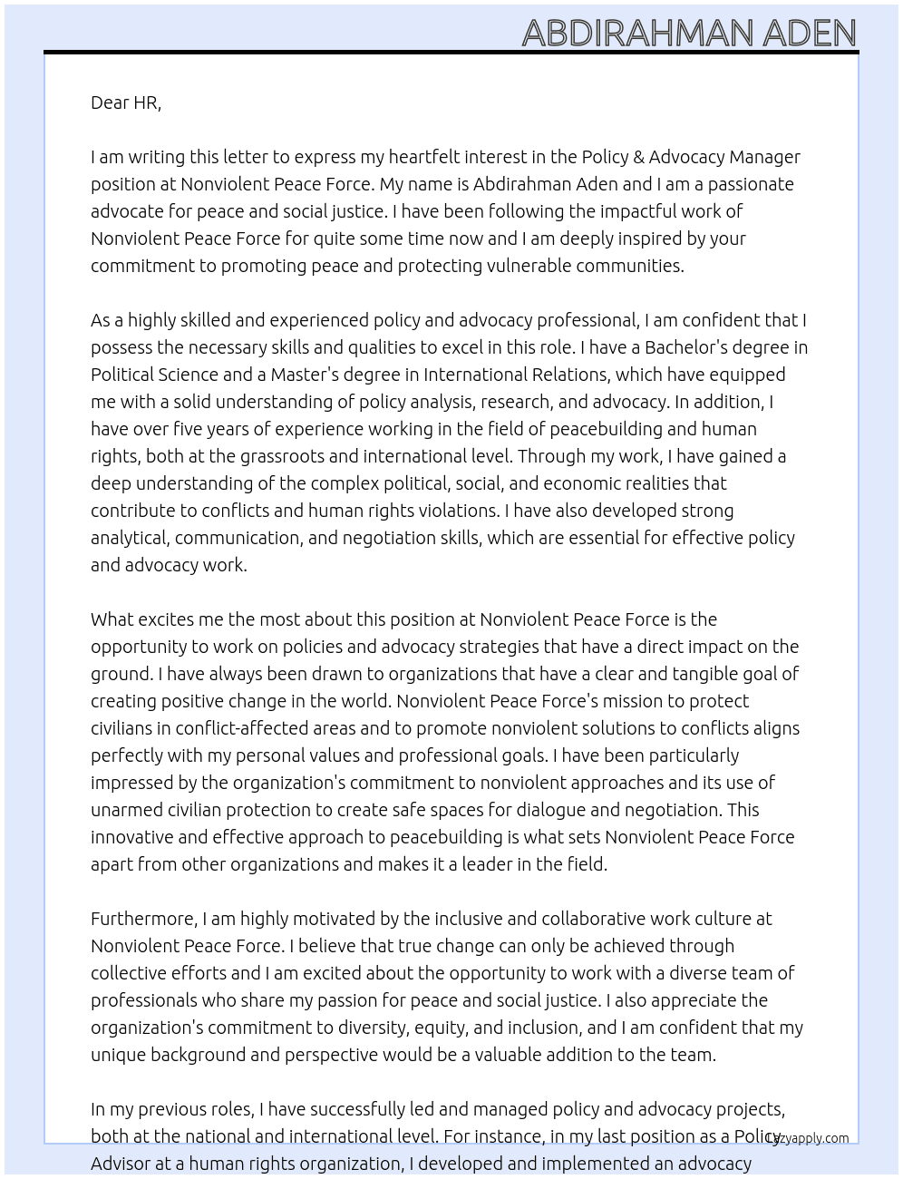 policy & advocacy manager At nonviolent peace force Cover Letter