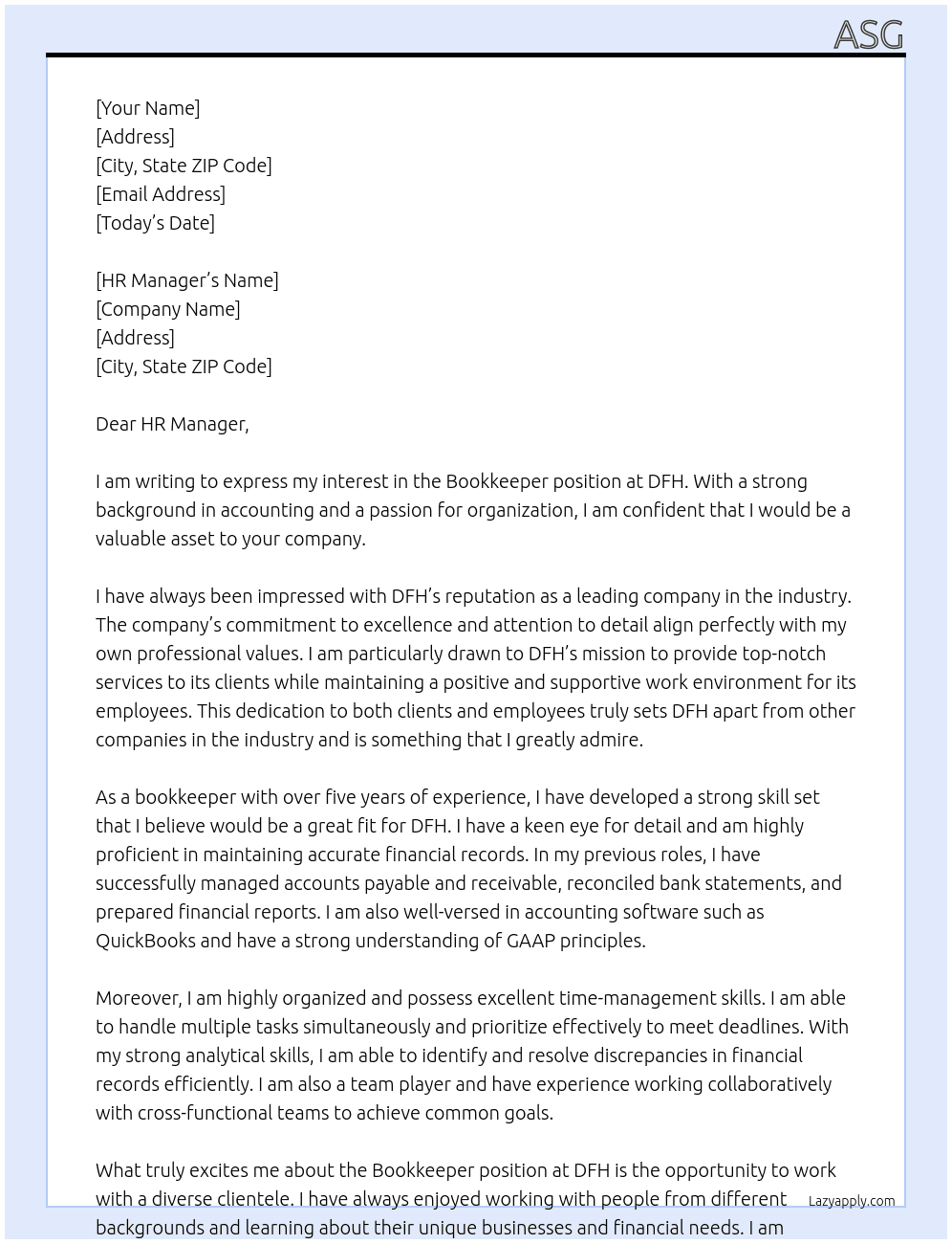 bookeeper At dfh Cover Letter