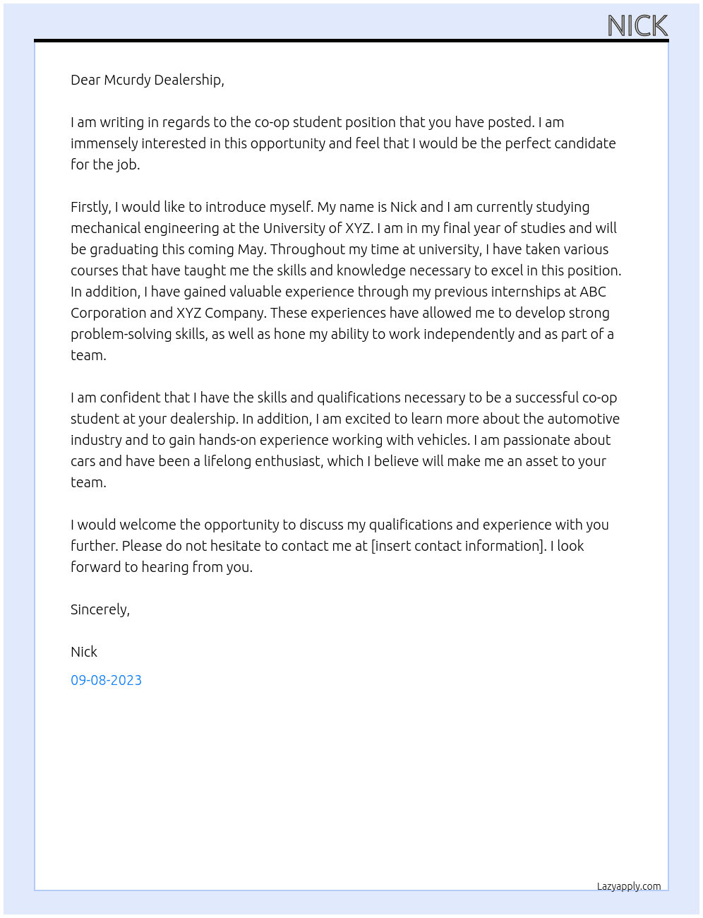 Co-op student At Mcurdy dealership Cover Letter