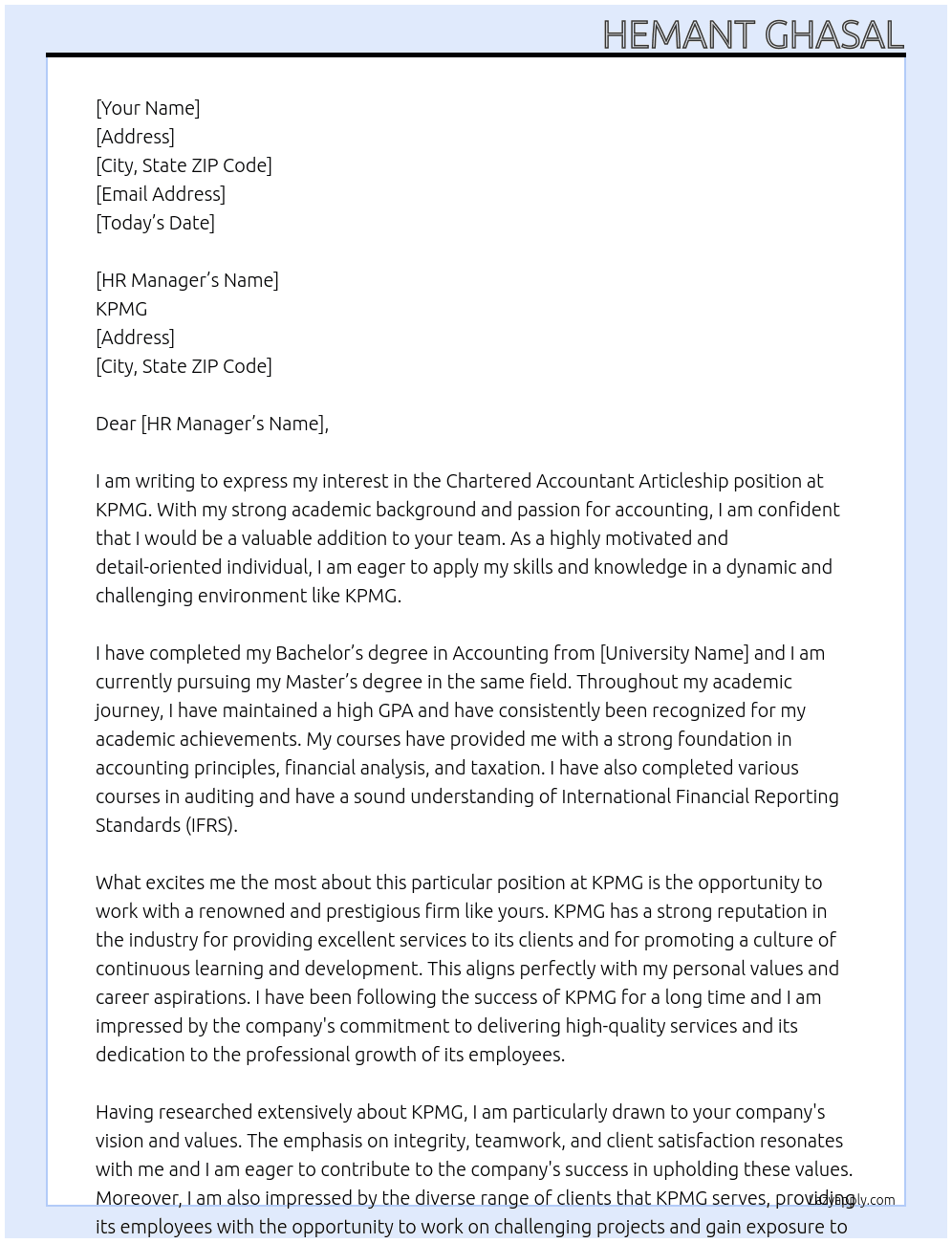 Cover letter for charatered accountant articleship - LazyApply