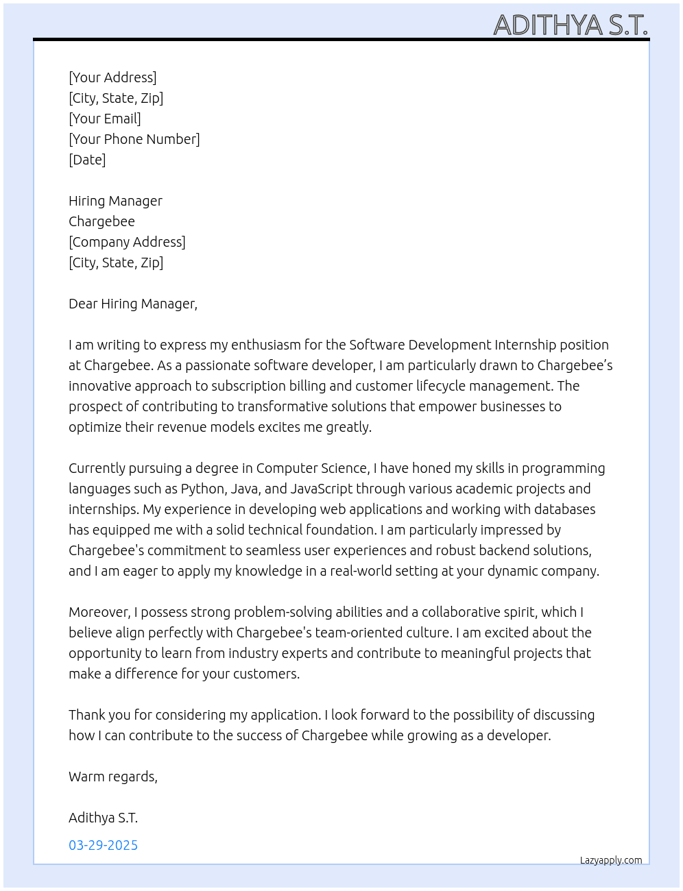 Software Development Internship At Chargebee Cover Letter