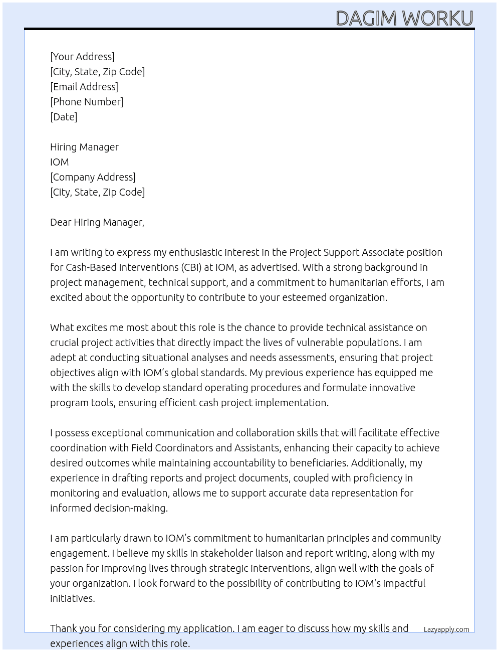 Project Support Associate (Cash-Based Interventions (CBI) At IOM Cover Letter