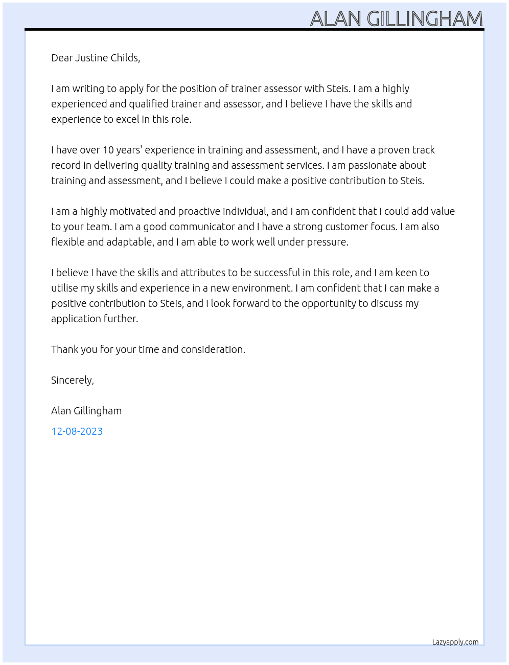 trainer assessor At steis Cover Letter