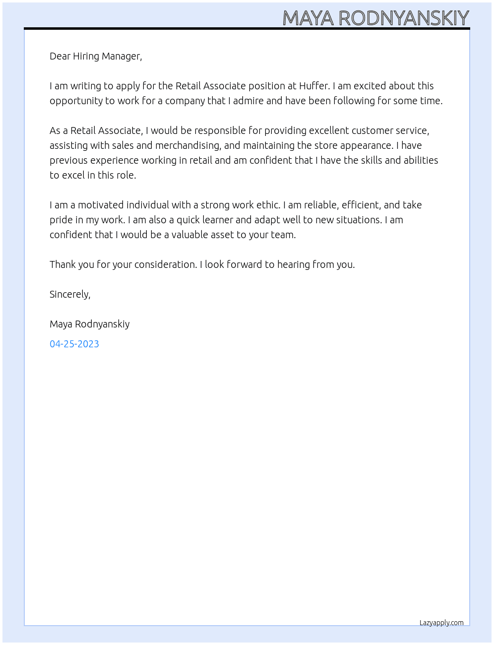 Retail Associate At Huffer Cover Letter