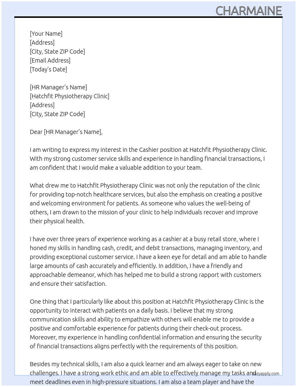 Cashier At Hatchfit Physiotherapy Clinic Cover Letter