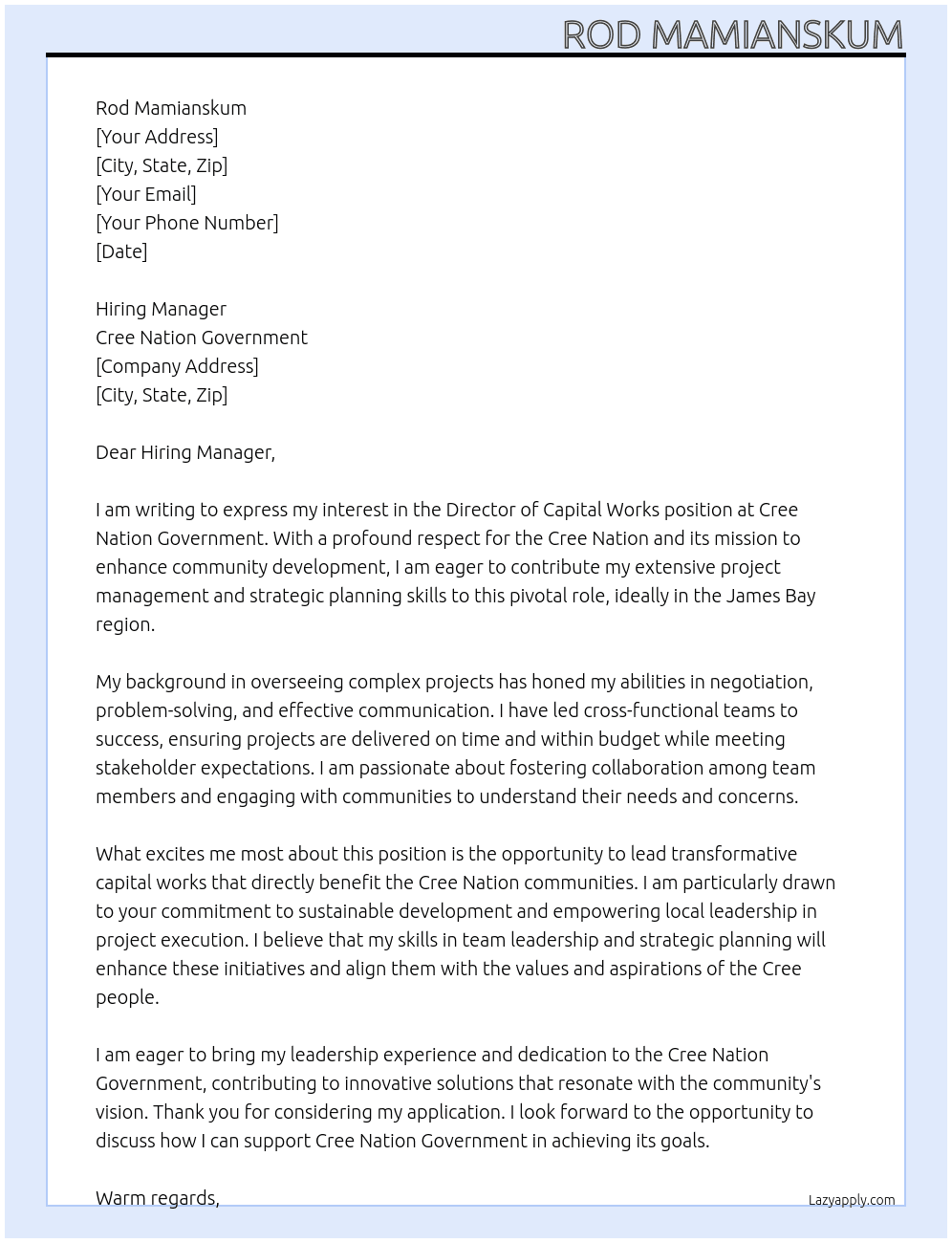 Director of Capital Works At Cree Nation Government Cover Letter