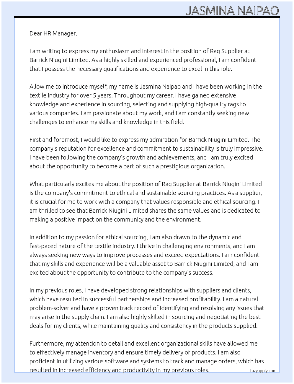 Rag supplier  At Barrick Niugini Limited Cover Letter